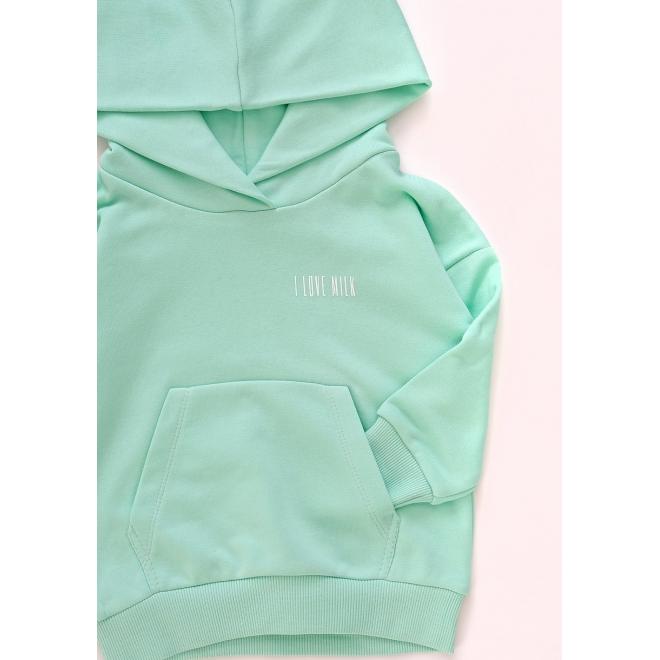 Mikina s kapucí I LOVE MILK v mátové barvě