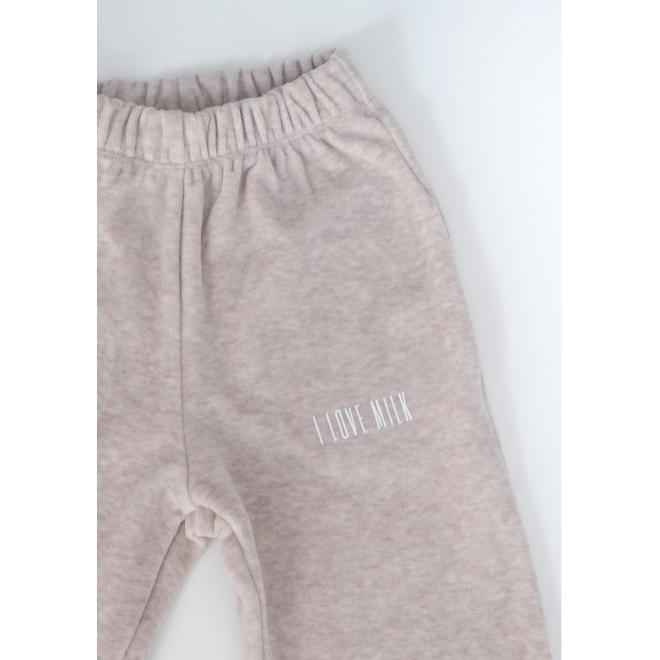 Béžové tepláky I LOVE MILK v melanžovém vzoru