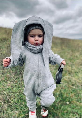 Šedý I LOVE MILK overal na zip s oušky