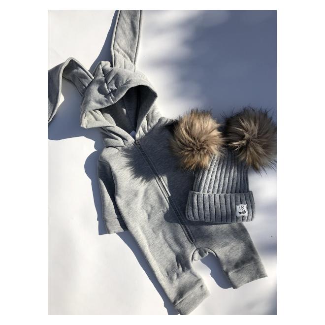 Šedý I LOVE MILK overal na zip s oušky