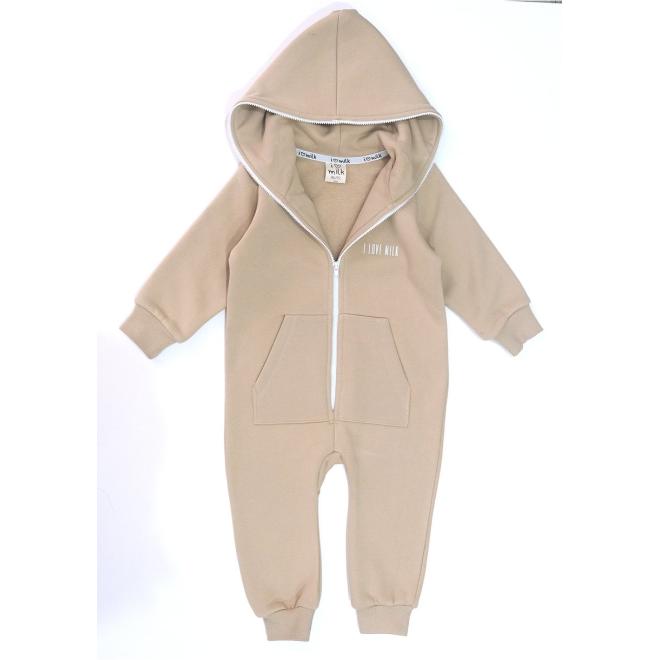 Kojenecký béžový I LOVE MILK overal s kapucí