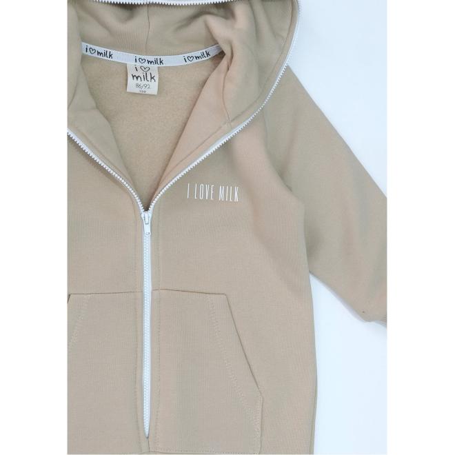 Kojenecký béžový I LOVE MILK overal s kapucí