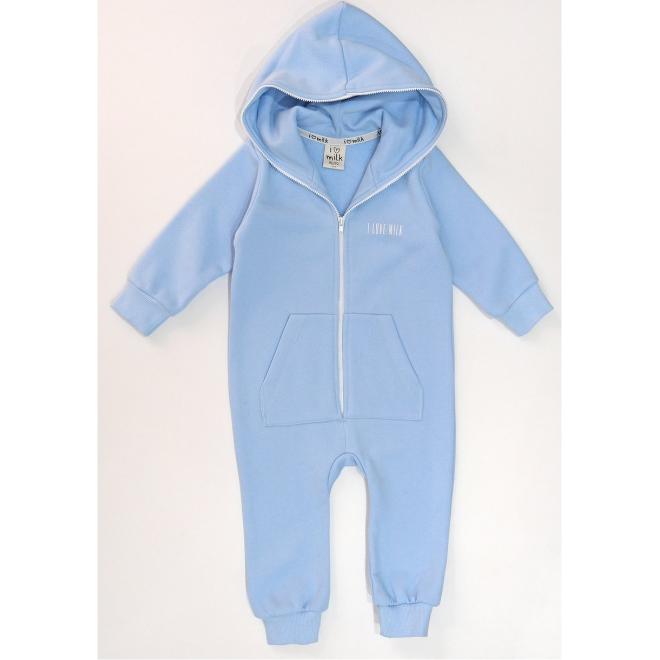 Kojenecký modrý I LOVE MILK overal s kapucí