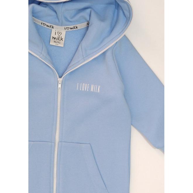 Kojenecký modrý I LOVE MILK overal s kapucí