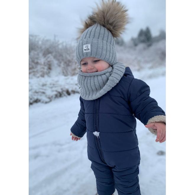 Dětský zimní komín I LOVE MILK v šedé barvě