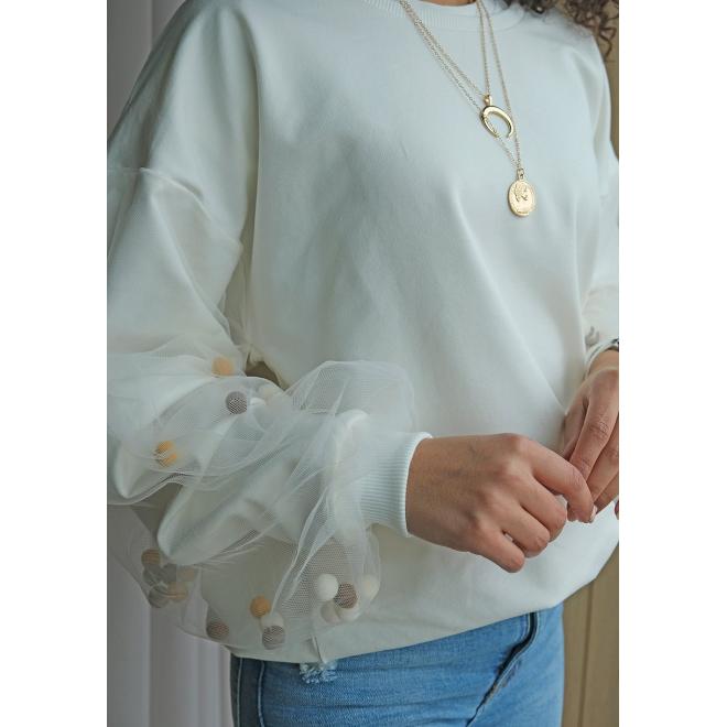 Mikina I LOVE MILK s tylovými rukávy v krémové barvě