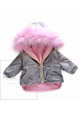 Šedá dívčí parka s růžovou kožešinou