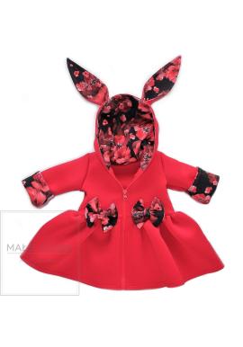 Neoprenový kabátek s oušky na kapuci v červené barvě