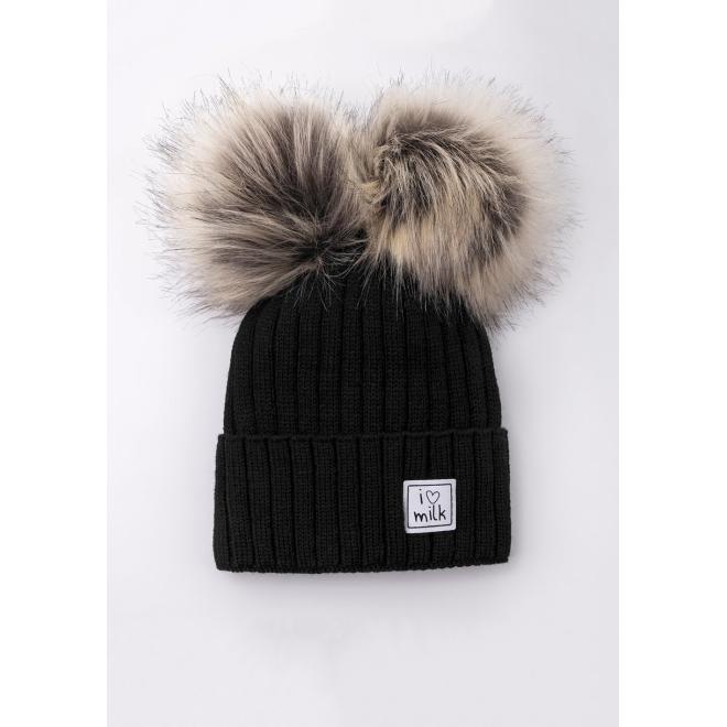 Zimní černá čepice I LOVE MILK s bambulkami