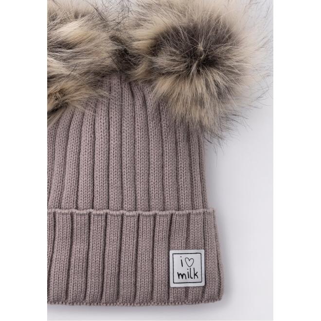 Zimní světle hnědá čepice I LOVE MILK s bambulkami