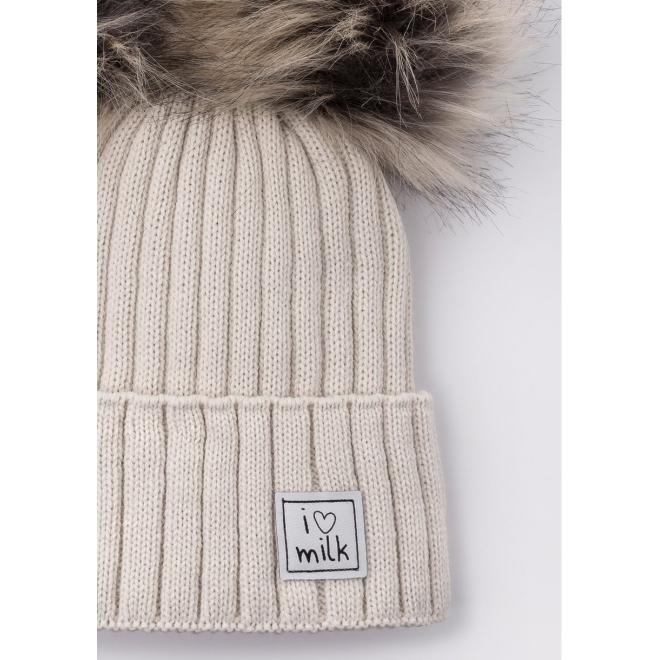 Béžová zimní čepice I LOVE MILK s bambulkami