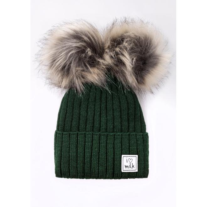 Zelená zimní čepice I LOVE MILK s bambulkami