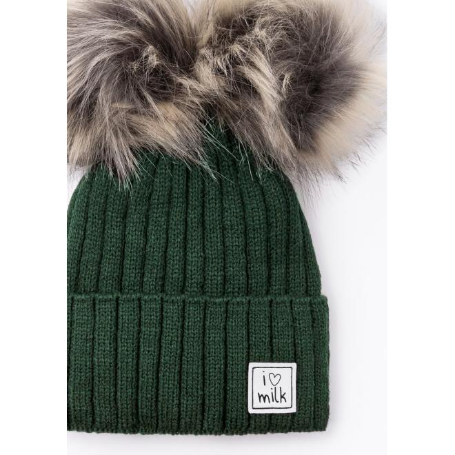 Zelená zimní čepice I LOVE MILK s bambulkami