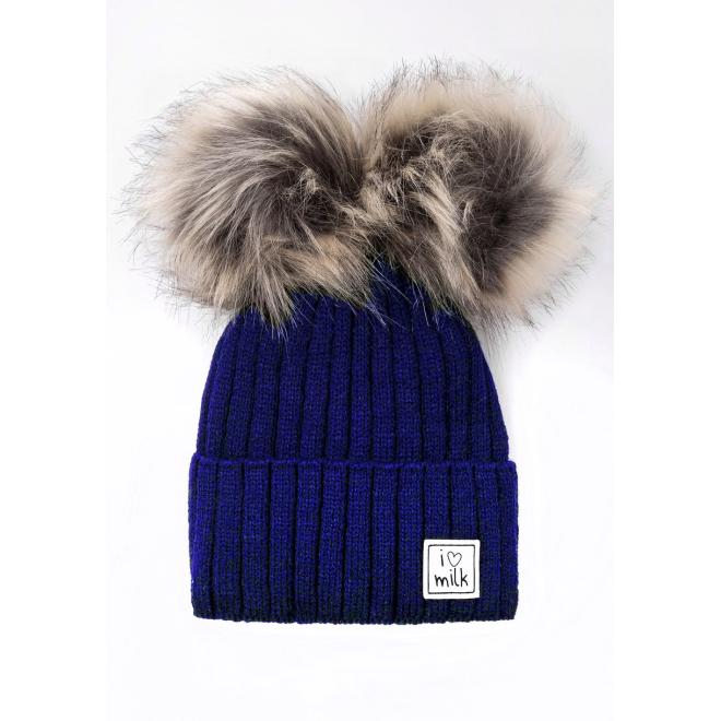 Modrá čepice I LOVE MILK s bambulkami