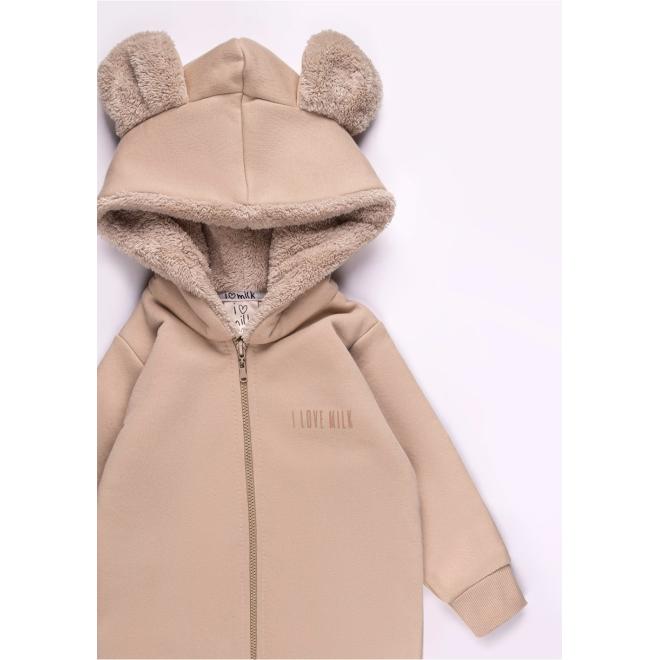 Béžový bavlněný overal I LOVE MILK s kapucí