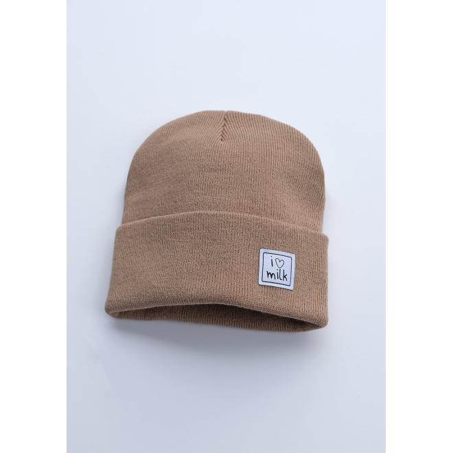Dětská čepice I LOVE MILK v kávovém odstínu