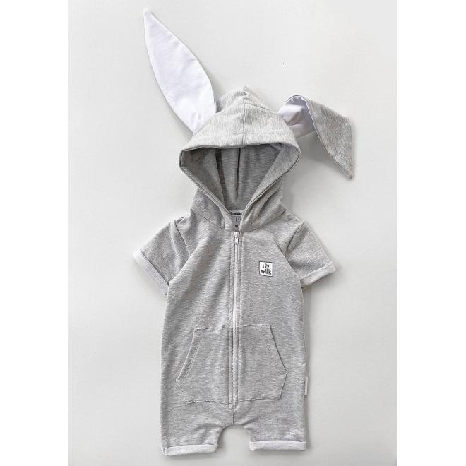 Letní dětský overal I LOVE MILK v šedé barvě